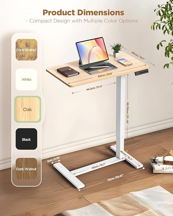 Overbed Bedside Table with Wheels, Electric Standing Desk Adjustable Height, Small Computer Desk for Home Office, Rolling Laptop Desk for Bed, Sofa, or Hospital Use (24"x16",Oak)