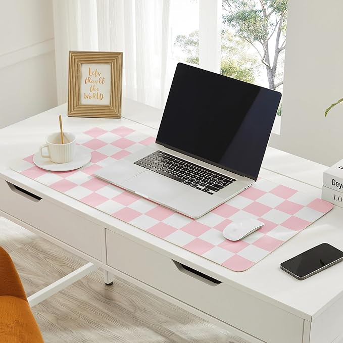 Checkered Desk Mat, Large Cute Aesthetic Retro PU Leather Computer Laptop Desk Mat, Non-Slip Waterproof Mouse Keyboard Pad, Desk Writing Mat for Work/Home (Pink, 23.6" x 13.7")