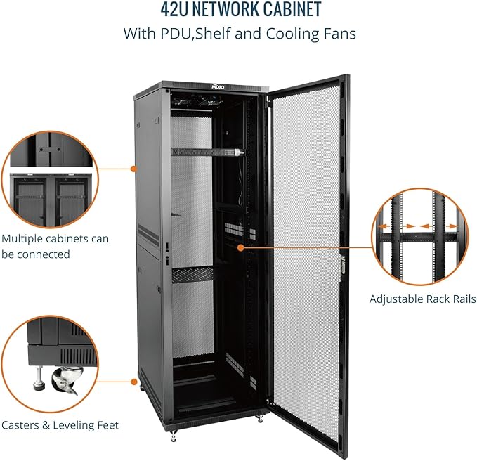 Tecmojo 42U Server Rack Network Cabinet 23.6" D x 23.6" W, Locking Data Cabinet Enclosure for 19" Server, Networking, AV & IT Equipment, Mesh Door, Black