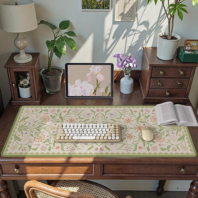 HAOCOO Sage Green Iris Flower Desk Pad Mat, Non-Slip XXL Mouse Pad with Stitched Edges, Cute Floral Computer Mat, Elegant Desk Decor for Home, School, Office Accessories