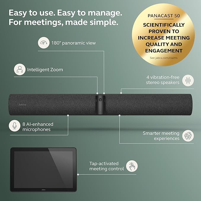 Jabra PanaCast 50 Video Bar System - All-in-one Meeting Room Solution, Audio bar, 180° Full-Room Webcam, Intelligent AI-Enabled Features, and PanaCast Control Touchscreen - All Platforms - Black