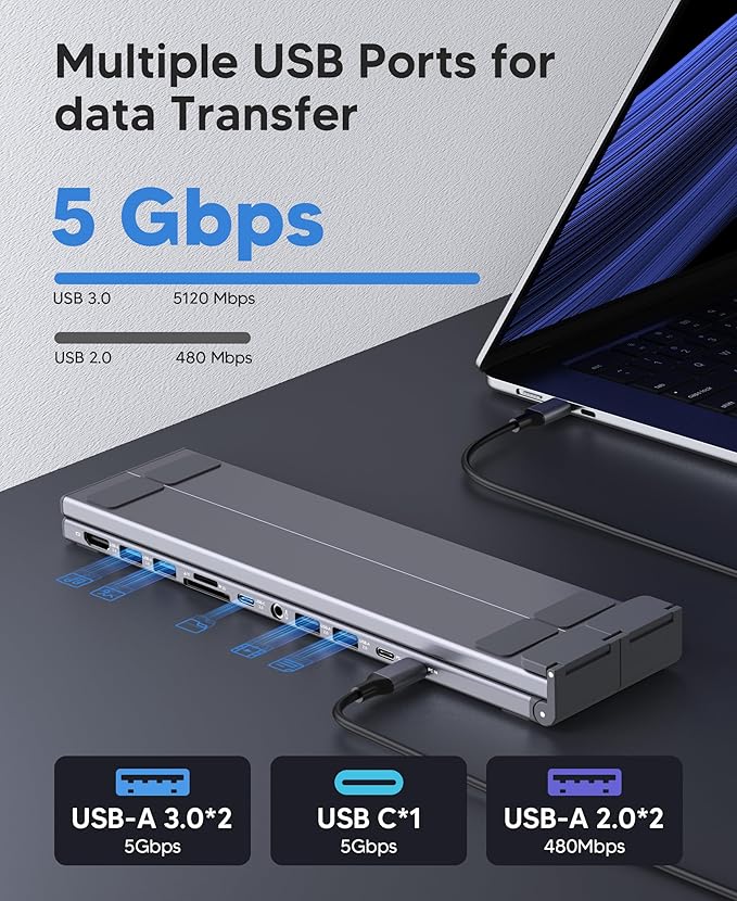 Laptop Docking Station Stand, Dock Tablet Stand, 11 in 1 USB C Hub with 4K@60Hz HDMI,2 USB3.0,2 USB2.0,PD 100W,USB C 3.0+SD/TF+Audio Universal Dock Station for MacBook Pro/Air/Dell/HP/Surface/Lenovo