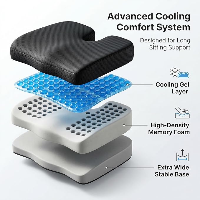 Extra Wide Cooling Gel Seat Cushion for Wheelchair & Office Chair, Waterproof Silk Cushion for Hip & Lumbar Support, Pressure Relief for Long Sitting, Sciatica & Tailbone Pain