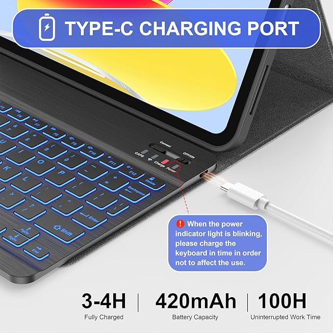 Soke for iPad (A16) 11th/10th Generation Case with Keyboard(2025/2022)-7 Color Backlight Wireless Detachable Folio Keyboard Cover with Built-in Pencil Holder for iPad 11/10.9 inch, Ebony