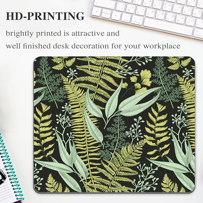 Green Leaf Mouse Pad Cute, Vintage Floral Botanical Plant Rectangular Mousepad Black Aesthetic Nature Herb Office Small Forest Portable Desk Pad Non-Slip Mouse Mat Washable Desk Decor Accessories
