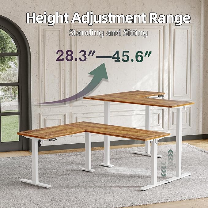 TIQLAB Standing Desk L Shaped, 63x55 Inch Adjustable Height, Electric Stand Up Desk, Corner Sit Stand Desk with Splice Board, Light Rustic Brown