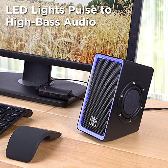 GOgroove Gaming Computer Speakers with Blue LED Light - SonaVERSE O2i Speakers for Desktop, Laptop, PC - USB Speaker 2.0 with AUX Input, in-Line Volume Control, Bass Stereo Sound, 14W (Black)