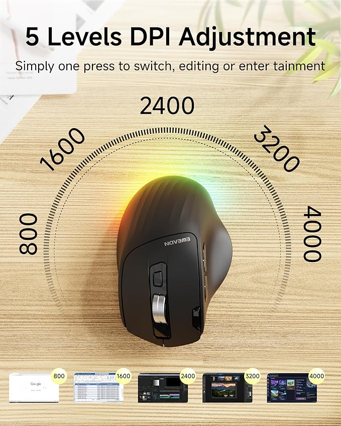 C2 Ergonomic Wireless Mouse, Rechargeable Bluetooth & 2.4G Dual Mode Computer Mouse with RGB, Quiet Clicks, 5 Adjustable 4000 DPI, Comfortable Grip for Laptop, PC, Mac, Office - Black