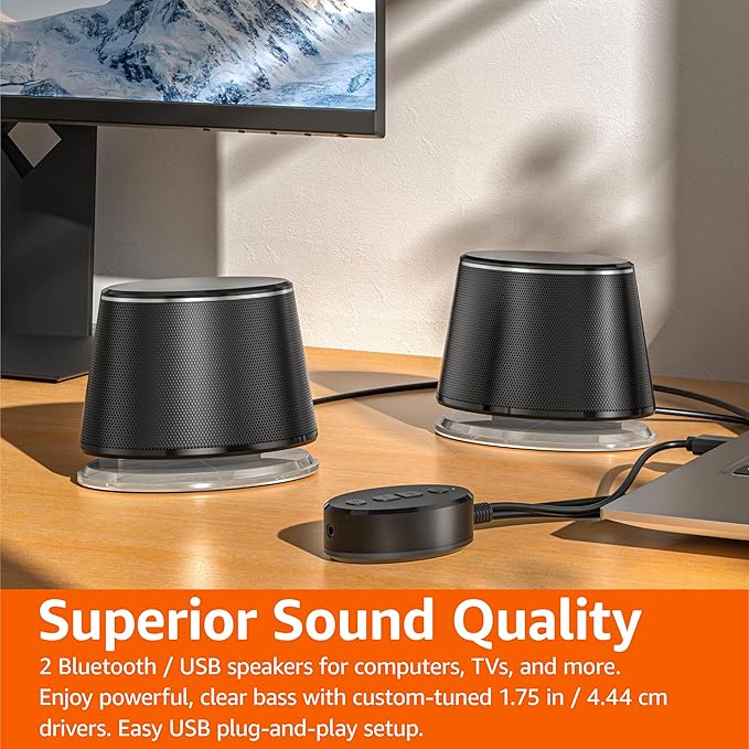 Amazon Basics Bluetooth Computer Speakers with USB 3.0, LED Blue Lighting, Volume Control, USB Powered, Set of 2