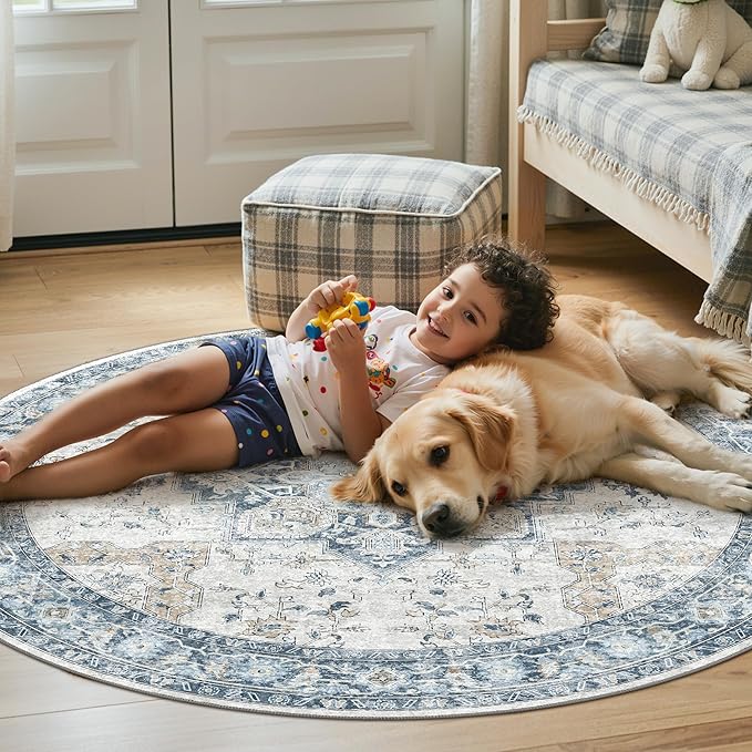 48"x48" Office Chair Mat for Hardwood Tile Floor, Under Desk Carpet Protector for Rolling Computer Chair Mat, Machine Washable Round Area Rug, Anti-Slip 1/5" Thick Low Pile Thin Floor Mat, Blue