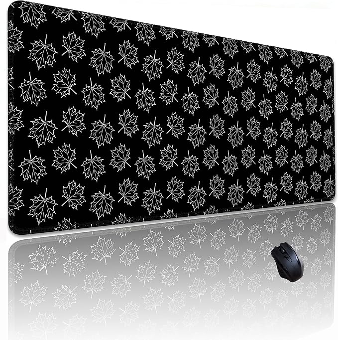 Maple Leafs Pattern Mouse Pad Large 31.5 x 11.8in Black Topographic Laptop Keyboard Mousepad for Non-Slip Base and Stitched Edge, XL Extended Desk Mat