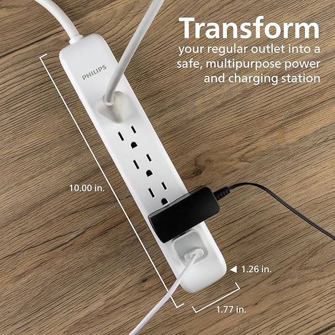 Philips 6 Outlet Power Strip Surge Protector, 4ft Power Cord, Flat Plug, Wall Mount, 720 Joules, ETL Listed, Circuit Breaker, Automatic Shutdown, White, SPP3064WE/37
