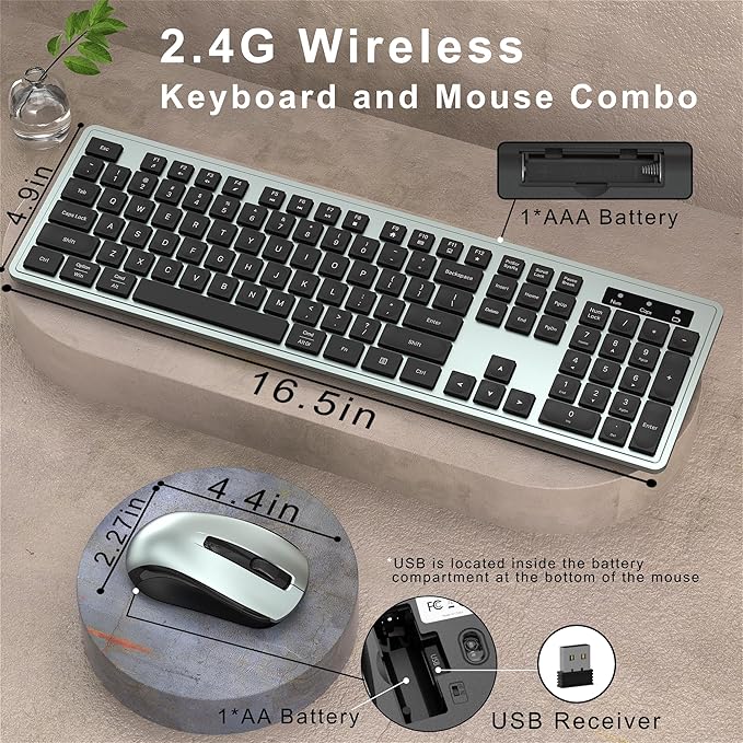 Wireless Keyboard and Mouse Combo, Full-Size 104-Key Office Keyboard with 15 Function Keys, Numeric Keypad, Single USB Receiver, Compatible with PC and Laptop(Gray)