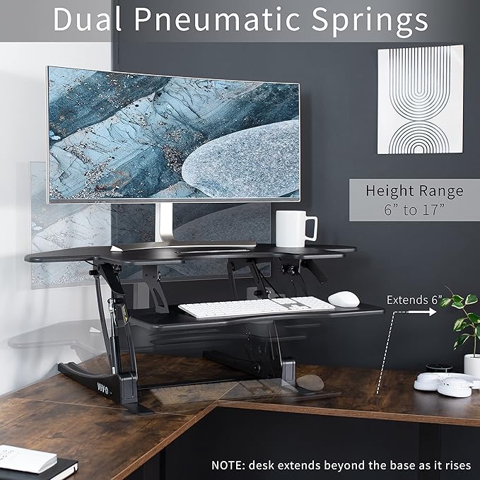 VIVO 43 inch Corner Height Adjustable Cubicle Stand Up Desk Converter, V Series, Quick Sit to Stand Tabletop Dual Monitor Riser Workstation, Black, DESK-V000VC