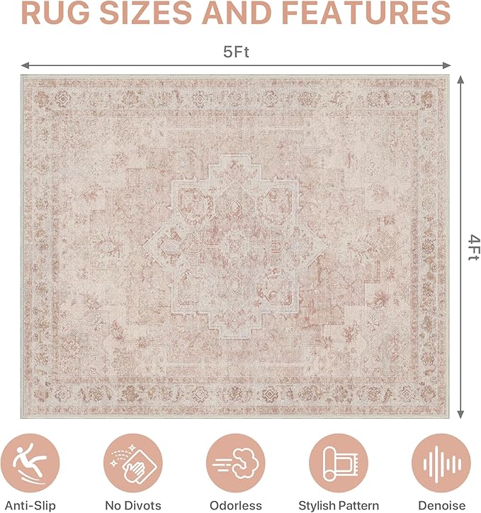 48"x60" Office Chair Mat for Hardwood Tile Floor, Under Desk Carpet Protector for Rolling Computer Chair Mat, Machine Washable Area Rug, Anti-Slip 1/5" Thick Low Pile Thin Vinyl Floor Mat, Light Pink