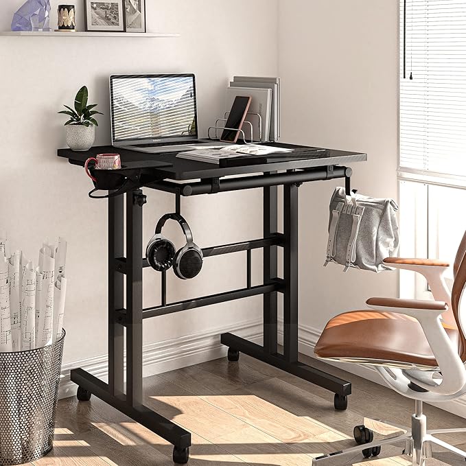 Klvied Adjustable Height Standing Desk with Cup Holder, Portable and Easy to Move, Ideal for Home or Office, Black
