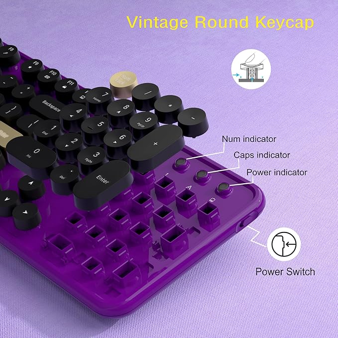 Wireless Keyboard and Mouse Combos, Retro Keyboard and Mouse Wireless Full Size, 2.4Ghz Connection and Optical Mouse for Windows, Mac, PC, Laptop for Home and Office (Purple-Black)