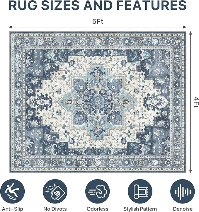 48"x60" Office Chair Mat for Hardwood Tile Floor, Under Desk Carpet Protector for Rolling Computer Chair Mat, Machine Washable Area Rug, Anti-Slip 1/5" Thick Low Pile Thin Vinyl Floor Mat, Navy
