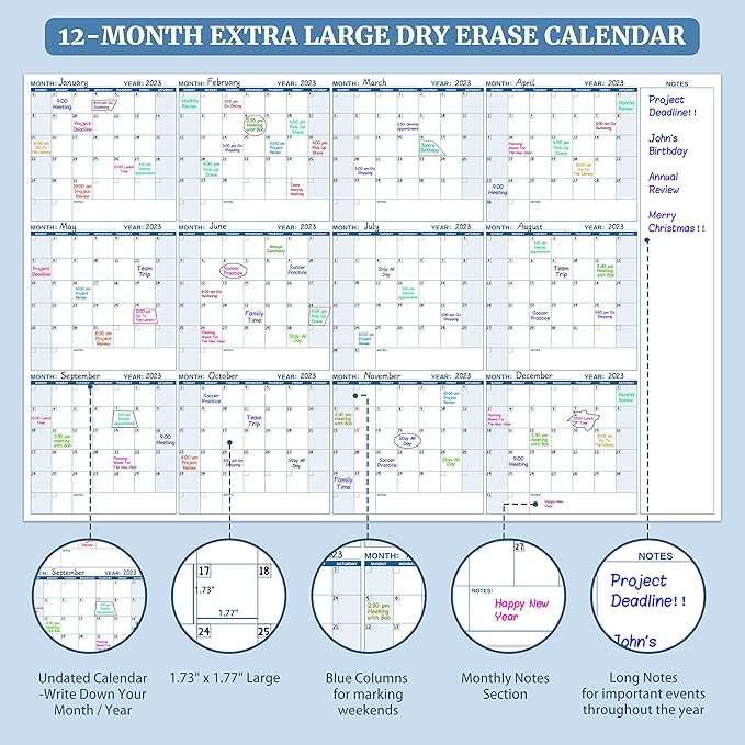 Large Dry Erase Calendar for Wall – Yearly Wall Calendar Dry Erase, 37" x 57.9", 12-Month Undated Blank Calendar Planner, Reusable Laminated Task Organizer with Note, Great for Office, Classroom, Home