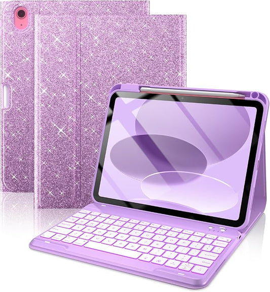 typecase Folio Keyboard Case for iPad 10th Gen 10.9 inch (2022) and iPad 11th (A16, 2025), Magnetic Wireless Detachable Keyboard, 7-Color Backlight, Thin & Light, Pencil Holder – Purple Glitter