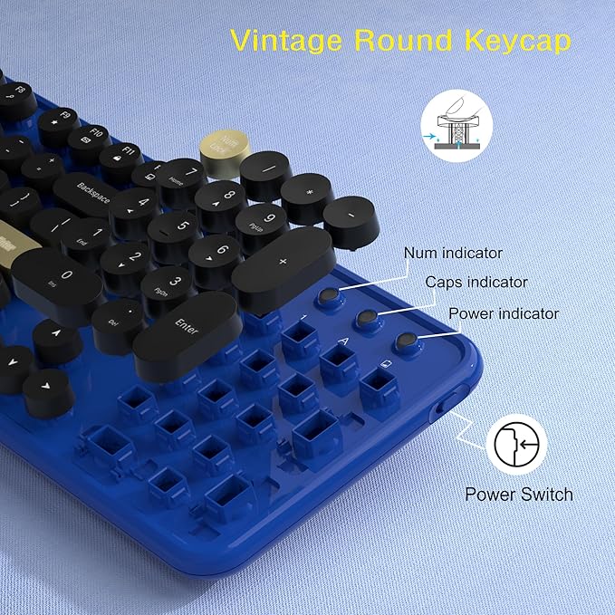 Wireless Keyboard and Mouse Combos, Retro Keyboard and Mouse Wireless Full Size, 2.4Ghz Connection and Optical Mouse for Windows, Mac, PC, Laptop for Home and Office (Jewel Blue-Black)