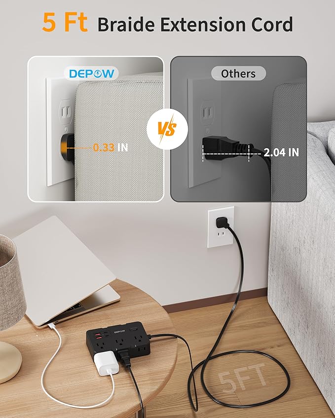 2 Prong to 3 Prong Adapter Power Strip, 5FT Black Extension Cord with 6 Outlets & 4 USB Ports (2 USB-C), 1050J Two Prong Surge Protector, Wall Mount - Ideal for Old Houses
