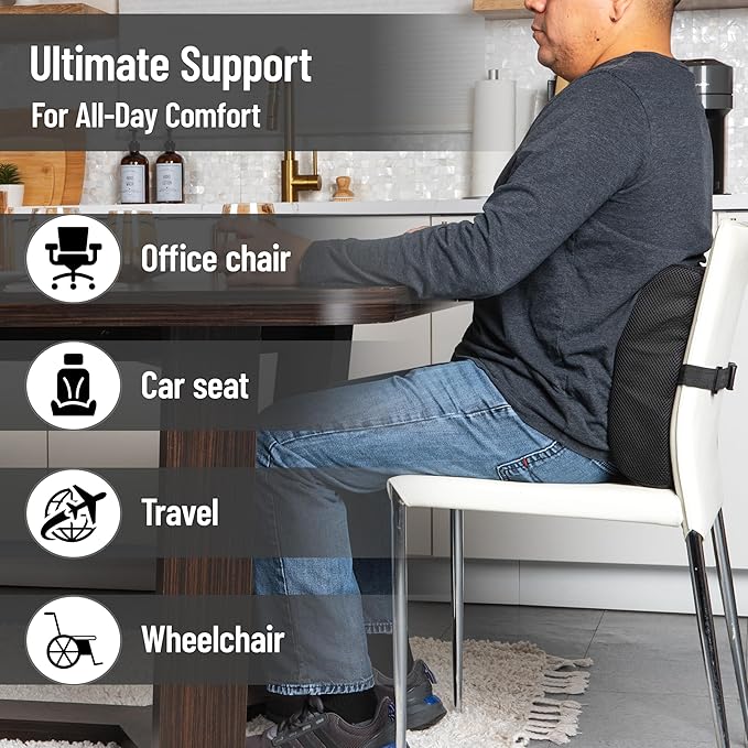 Mind Reader Lumbar Support Cushion with Air-Cloud Memory Foam, Ergonomic Lower Back Pillow for Office Chair and Car Seat, Black