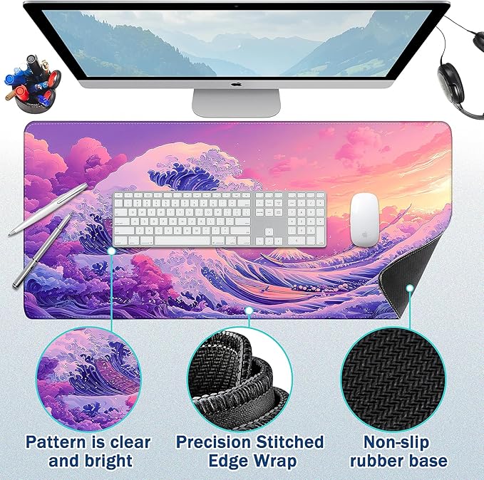 Mouse Pad Gaming - Desk Mat for Keyboard and Mouse - Japanese Sea Wave Large Mouse Pads for Desk, Desks Pad(35.4" X 15.7") with Non-Slip Base, Kanagawa Gaming Mousepad for Game, Office and Home