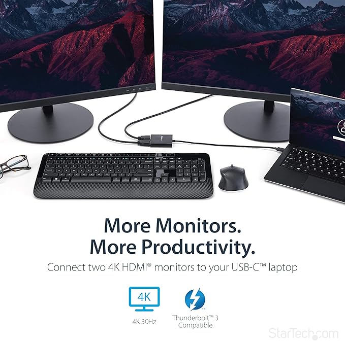 StarTech.com USB-C to Dual HDMI Adapter, USB Type-C Multi-Monitor MST Hub, Dual 4K 30Hz/1080p 60Hz HDMI Laptop Display Extender / Splitter, Extra-Long Built-In Cable, Windows Only (MSTCDP122HD)