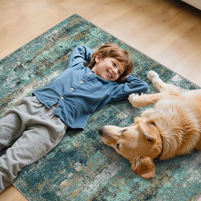 48"x60" Office Chair Mat for Hardwood Tile Floor, Under Desk Carpet Protector for Rolling Computer Chair Mat, Machine Washable Area Rug, Anti-Slip 1/5" Thick Low Pile Thin Vinyl Floor Mat, Teal Blue