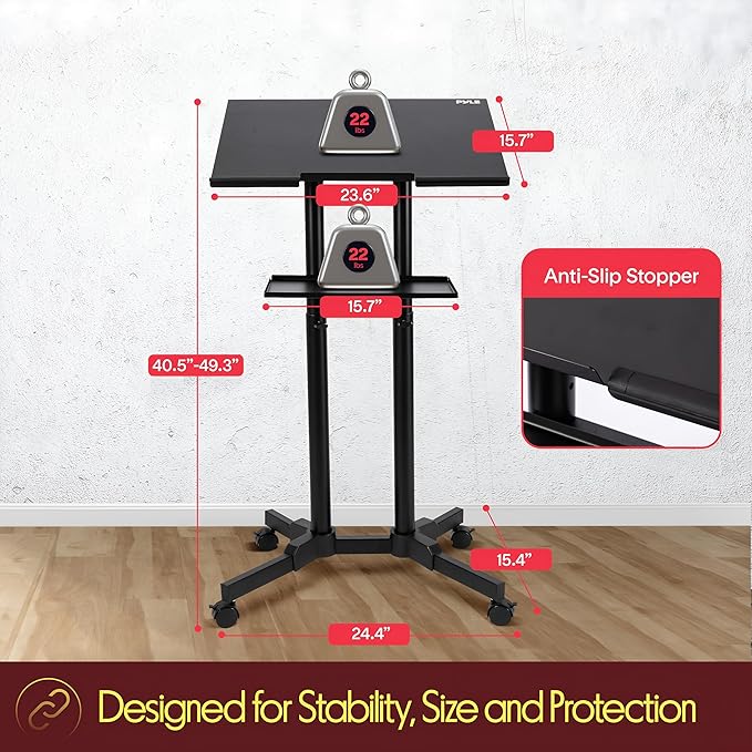Pyle Lectern Podium Stand | Adjustable Height Top Shelf, Bottom Shelf, Locking Plastic Wheels, & LED Reading Light | Mobile Standing Desk for Classrooms & Presentations | Portable Rolling Table Design