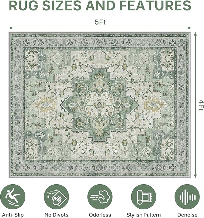 48"x60" Office Chair Mat for Hardwood Tile Floor, Under Desk Carpet Protector for Rolling Computer Chair Mat, Machine Washable Area Rug, Anti-Slip 1/5" Thick Low Pile Thin Vinyl Floor Mat, Green