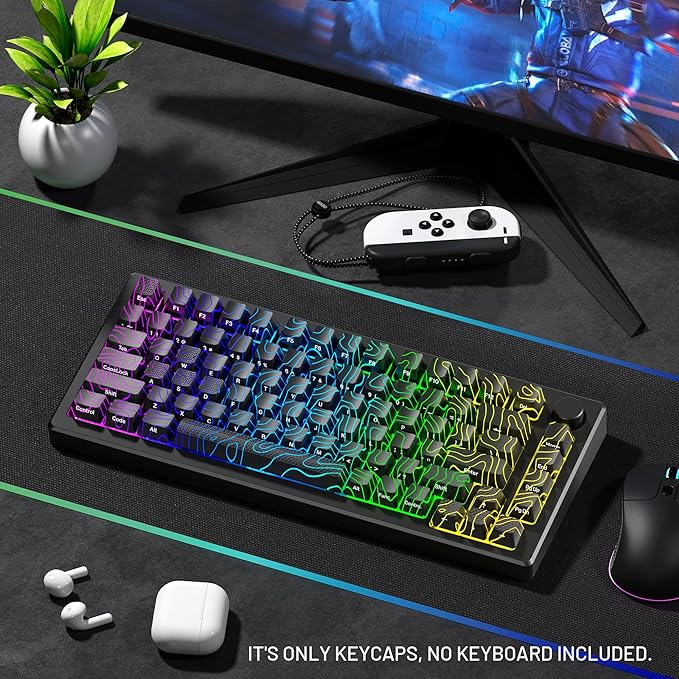 HITIME XVX Shine Through Keycaps w/IMD Tech, Custom Topographic Keycaps 60 75 100 Percent, Black Key Cap Set Lines Backlit, OEM Profile Side Printed for Keyboards