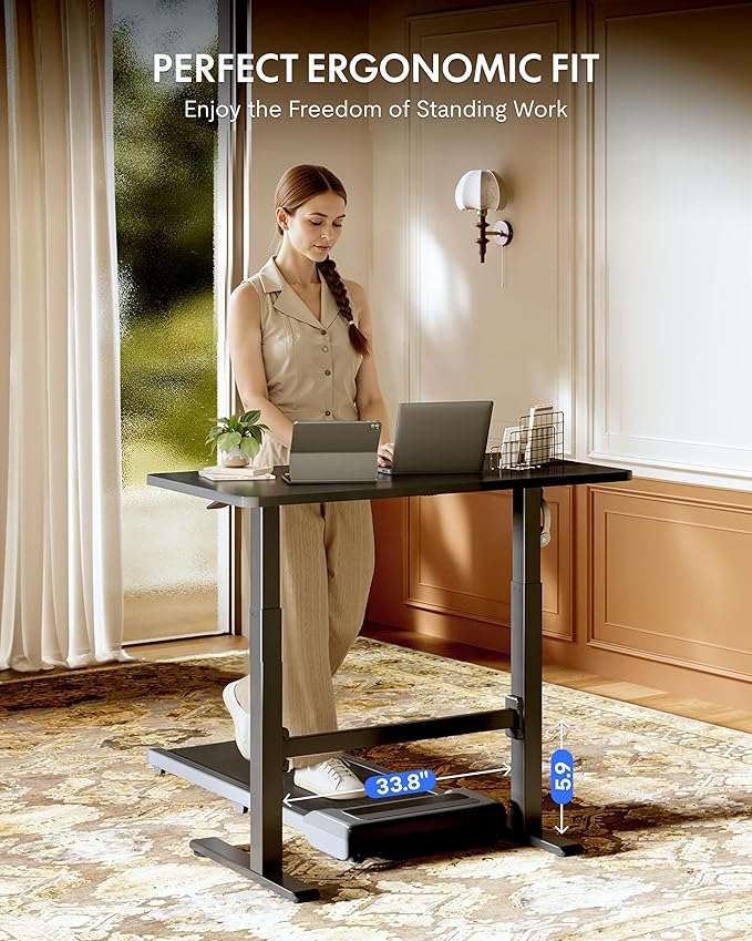 FLEXISPOT H7 Plus Gas Spring Adjustable Standing Desk, Mobile Rolling Sit-Stand Table with Wheels, Cordless Stand Up Desk for Small Spaces & Home Office, 48" One-Piece Desktop Black,Height 27.6"–45"