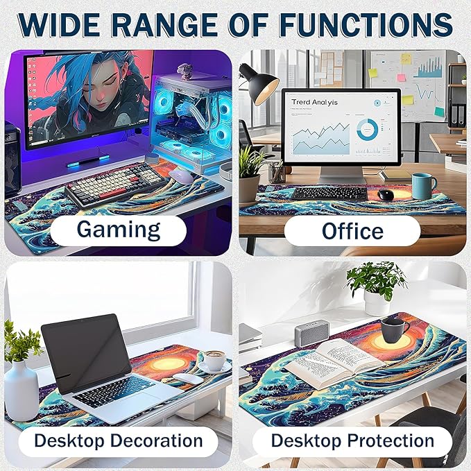 Mouse Pad Gaming - Desk Mat for Keyboard and Mouse - Japanese Sea Wave Large Mouse Pads for Desk, Desks Pad(35.4" X 15.7") with Non-Slip Base, Kanagawa Gaming Mousepad for Game, Office and Home