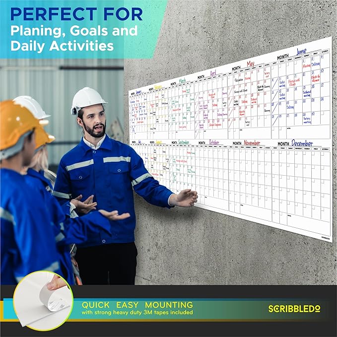 Extra Large 100"x36" Dry Erase Monthly Planner – 12-Month Whiteboard Calendar Includes 6 white Board Markers Eraser Push Pins & Mounting Tape