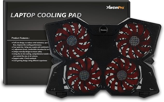 Portable Metal Mesh Laptop Cooler Cooling Pad, 4 Quiet Fans w/Red LED Light, Adjustable Height, Up to 17" Inch Notebook, 2 USB Interface w/Speed Control Switch, Non-Slip - Black (11148)