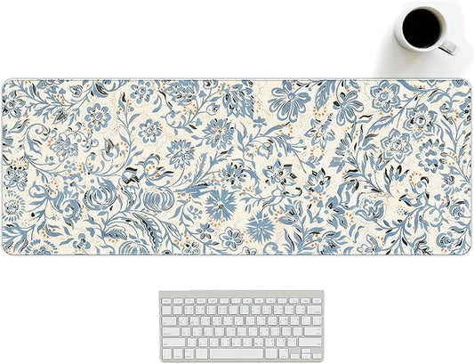 Blue Boho Mouse Pad Abstract Flroal Desk Mat, Spring Summer Mouse Pad for Desk Large, Blue and Beige Desktop Mats Aesthetic Computers Pads Flroal Decor for Desk Office Dorm Women 31.5x11.8