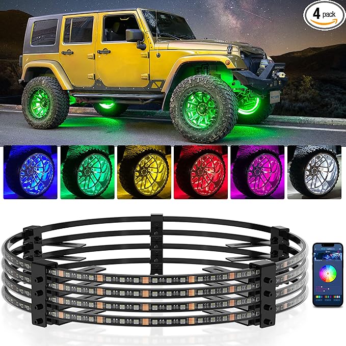 MICTUNING 15.5" V1 RGBW LED Wheel Lights Kit with APP Control & Music Sync Turn Signal, Brake Function, Pure Colors Neon Wheel Rim Lights for Trucks, SUVs, Cars (4PCS, Single Row)