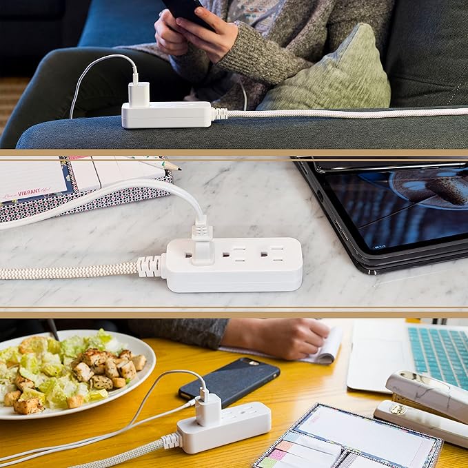Cordinate 3 Outlet Power Strip Surge Protector Indoor Extension Cord 16 Gauge 245 Joules 10 Ft 3 Prong Braided Extension Cords Flat Extension Cord ETL Listed Brown 37916
