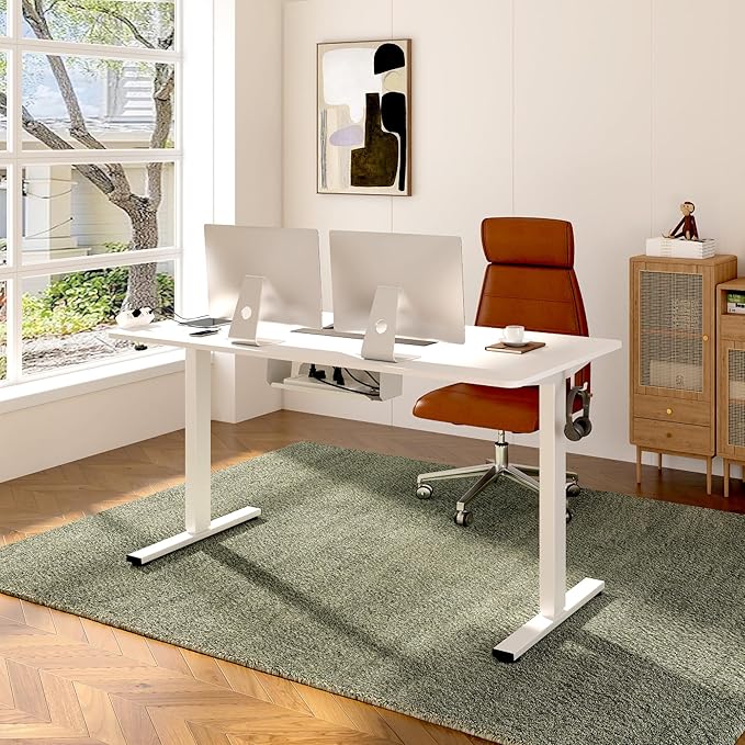 FLEXISPOT EN2 Standing Desk Frame with Clamp Power Strip and Cable Management Tray, Electric Sit Stand Desk Base with Memory Controller for Home and Office (White Frame Only)