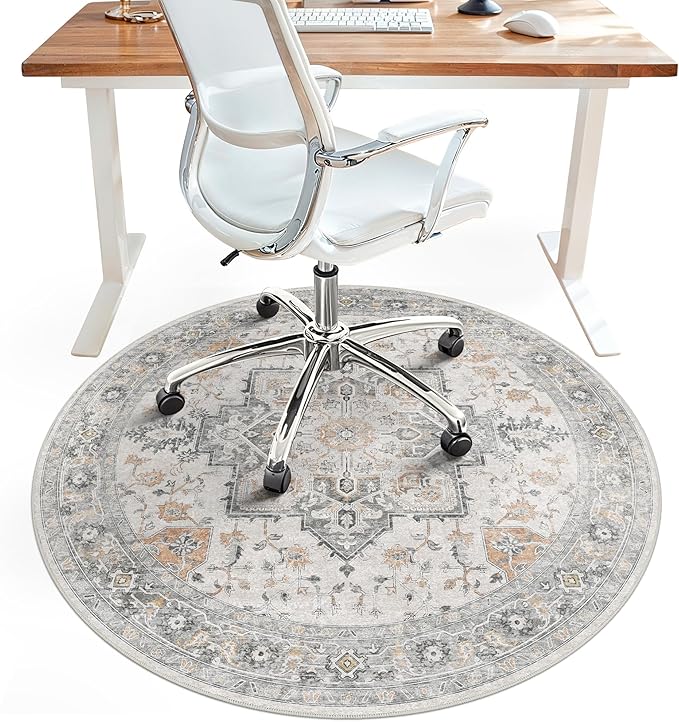 48"x48" Office Chair Mat for Hardwood Tile Floor, Under Desk Carpet Protector for Rolling Computer Chair Mat, Machine Washable Round Area Rug, Anti-Slip 1/5" Thick Low Pile Thin Floor Mat, Taupe