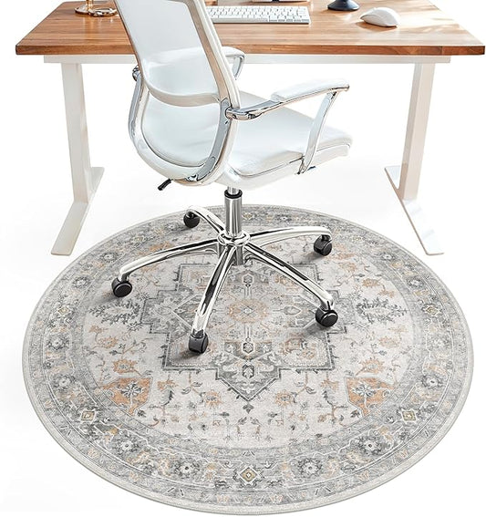 48"x48" Office Chair Mat for Hardwood Tile Floor, Under Desk Carpet Protector for Rolling Computer Chair Mat, Machine Washable Round Area Rug, Anti-Slip 1/5" Thick Low Pile Thin Floor Mat, Taupe
