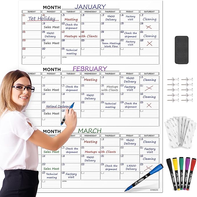 Large 36"x48" Quarterly White Board Calendar Dry Erase Calendar for Wall 3 Month Big Dry Erase Wall Calendar Monthly Dry Erase Board Planner Includes 6 Markers Eraser Push Pins & Mounting Tape
