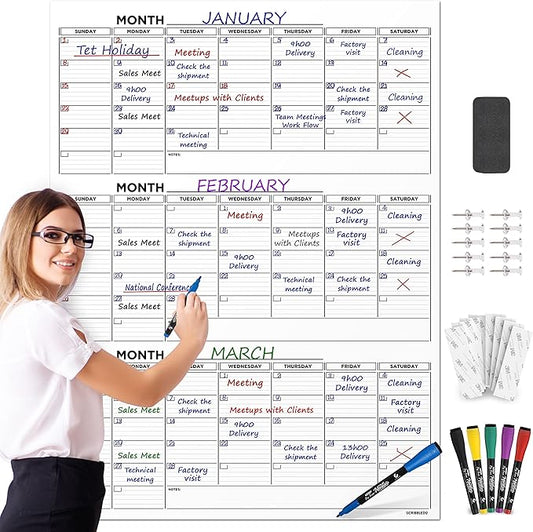 Large 36"x48" Quarterly White Board Calendar Dry Erase Calendar for Wall 3 Month Big Dry Erase Wall Calendar Monthly Dry Erase Board Planner Includes 6 Markers Eraser Push Pins & Mounting Tape