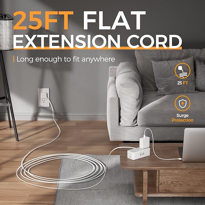 Flat Plug Extension Cord 25 ft, TESSAN Surge Protector Power Strip with 4 AC Outlets 3 USB A Ports, 900 Joules Protection, Multiple Wall Outlet Extender for Home Office Dorm Essentials