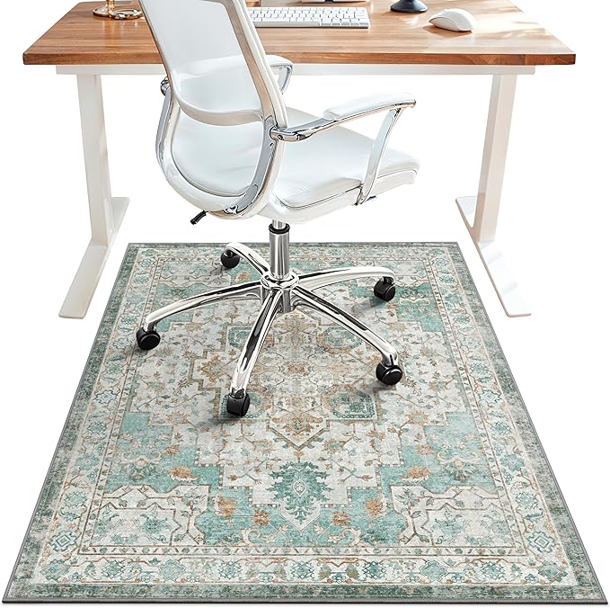 36"x48" Office Chair Mat for Hardwood Tile Floor, Under Desk Carpet Protector for Rolling Computer Chair Mat, Machine Washable Area Rug, Anti-Slip 1/5" Thick Low Pile Thin Vinyl Floor Mat, Cyan