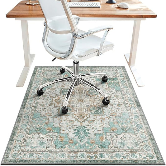 36"x48" Office Chair Mat for Hardwood Tile Floor, Under Desk Carpet Protector for Rolling Computer Chair Mat, Machine Washable Area Rug, Anti-Slip 1/5" Thick Low Pile Thin Vinyl Floor Mat, Cyan