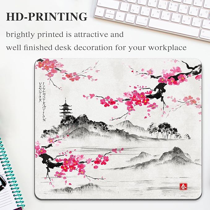 Cherry Blossom Mouse Pad Sakura Japanese Gray Mousepad Desk Grey Pink White Flower Floral Tree Japan Vintage Watercolor Aesthetic Landscape Scenery Computer Gaming Square Art Mat Accessories Travel