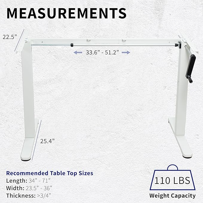VIVO Compact Hand Crank Stand Up Desk Frame for 37 to 77 inch Table Tops, Ergonomic Standing Height Adjustable Base with Foldable Handle, White, DESK-M051MW